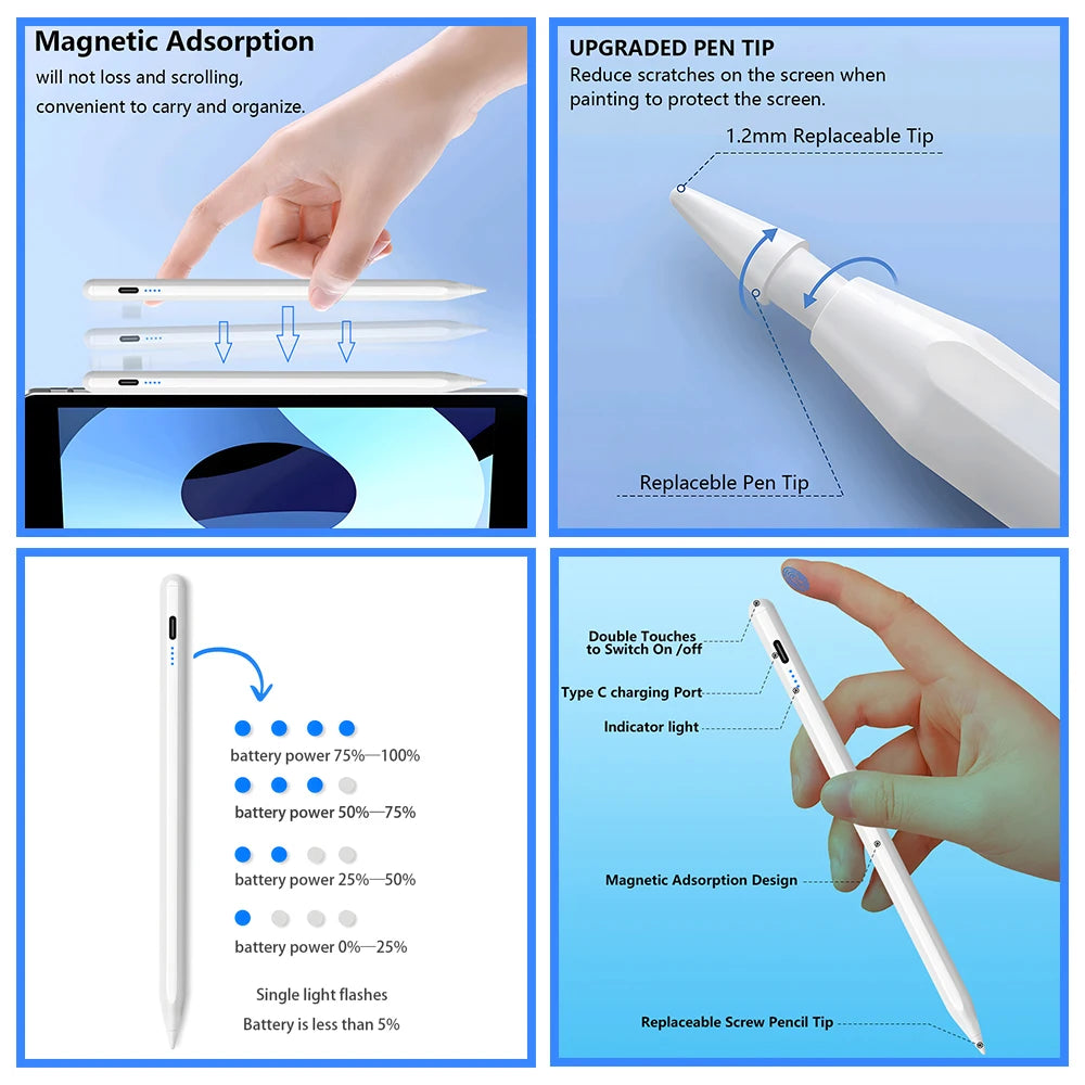 Caneta Stylus para iPad com Rejeição de Palma 2018-2025