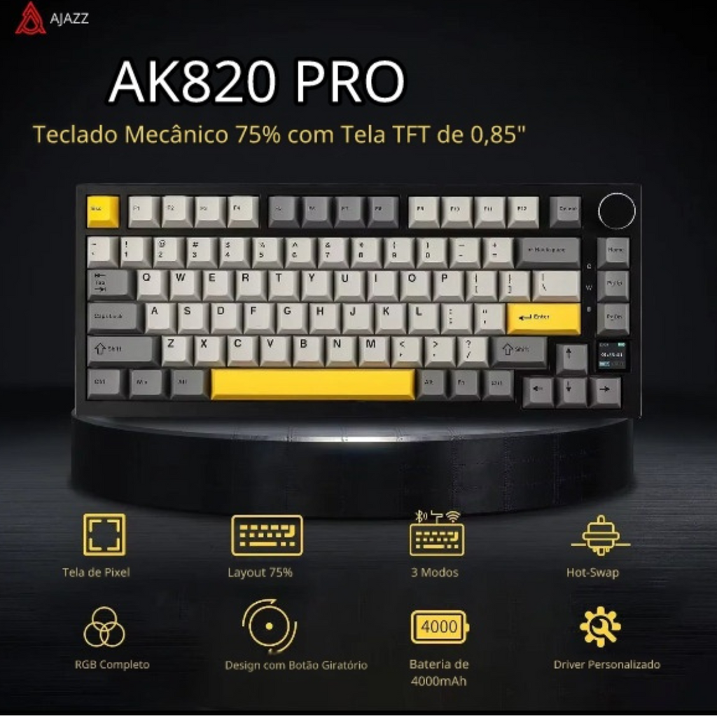 Teclado Mecânico Gamer Ajazz AK820 Pro — Tela TFT & Conexão Tripla