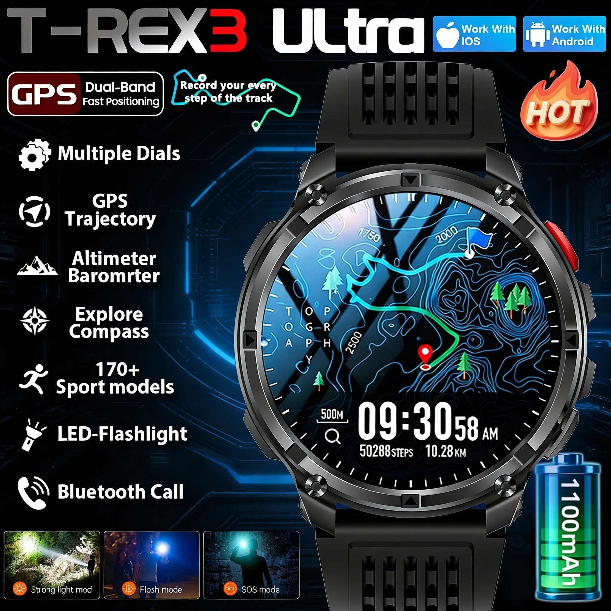 Smartwatch T-Rex3 Pro Militar GPS 5ATM 1100mAh — Pulseiras Intercambiáveis