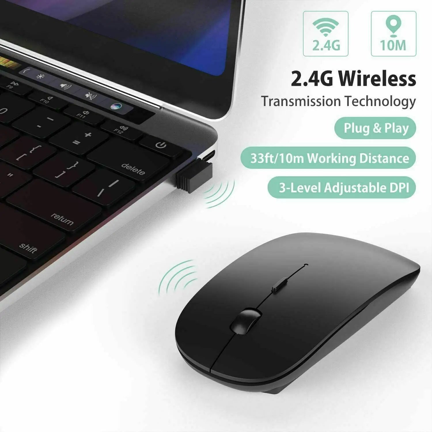 Mouse Sem Fio Slim 2.4GHz 1600DPI Silencioso Ergônomico